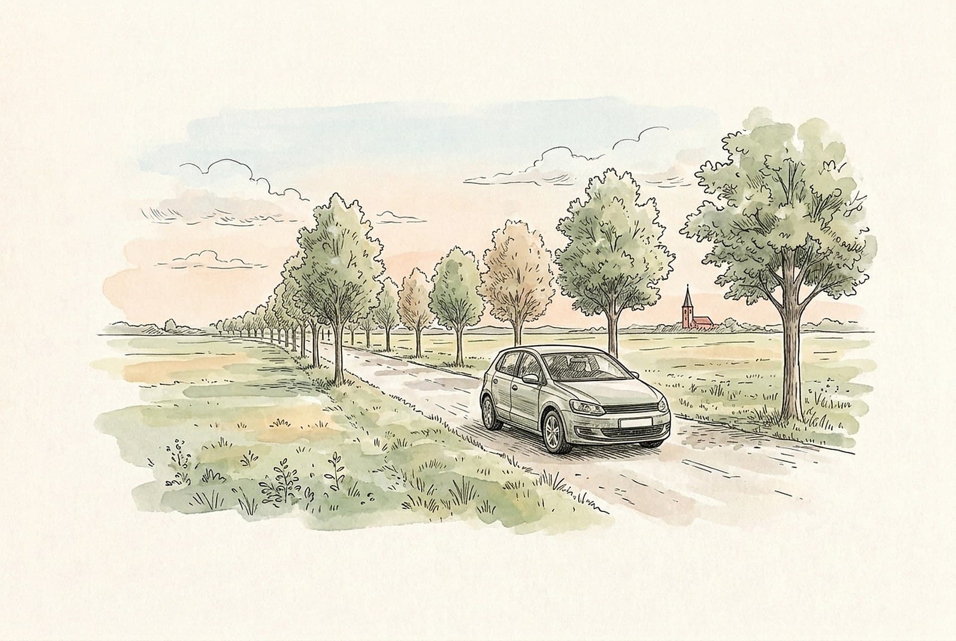 Tuschezeichnung mit Aquarell: ein Kleinwagen auf einer Allee durch Felder, im Hintergrund ein Kirchturm